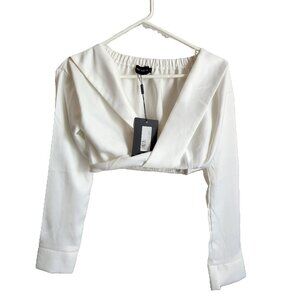 PrettyLittleThing White Satin Bardot Twist Front Crop Blouse